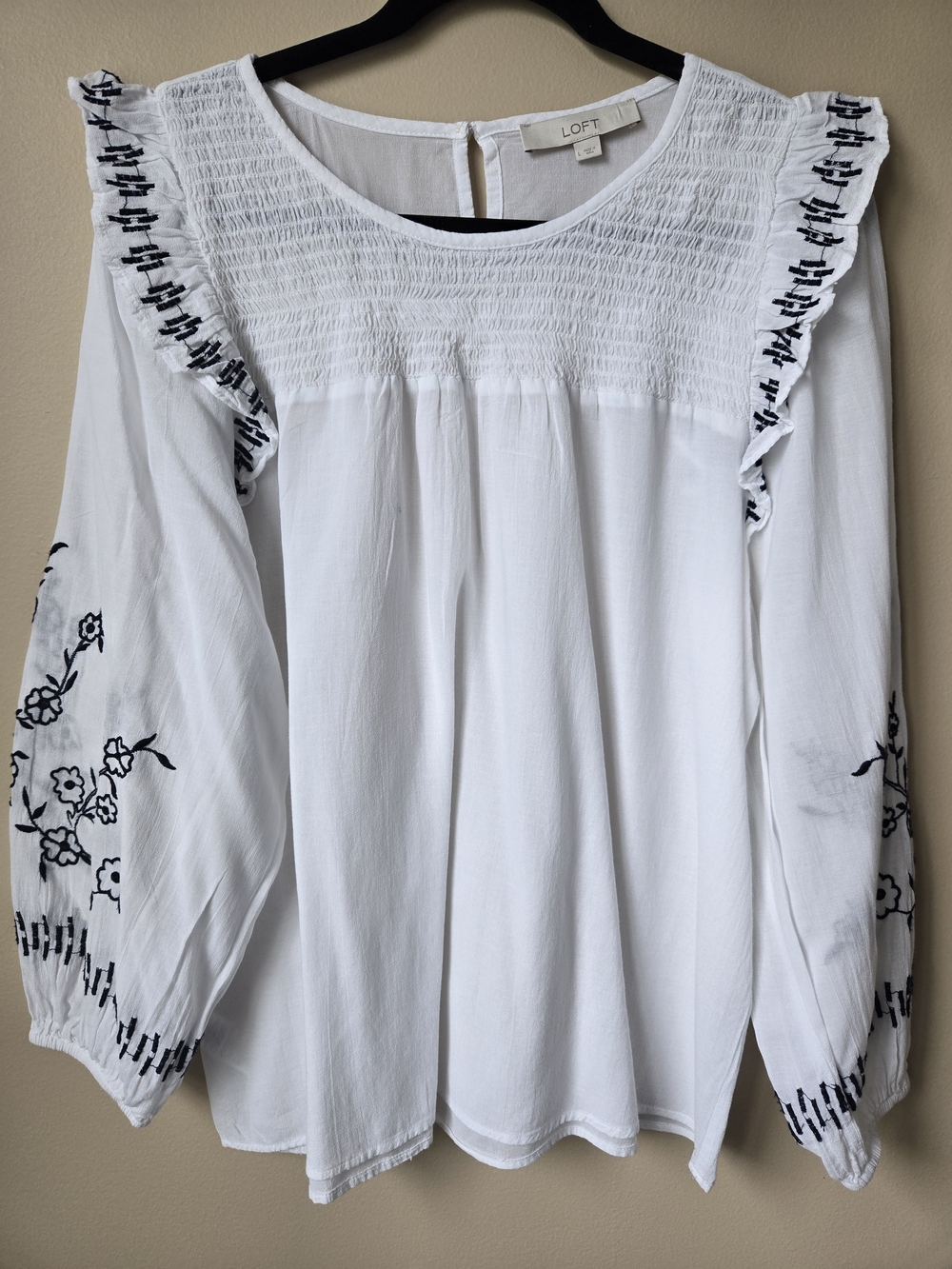 LOFT White Blouse with Black Floral Embroidery
